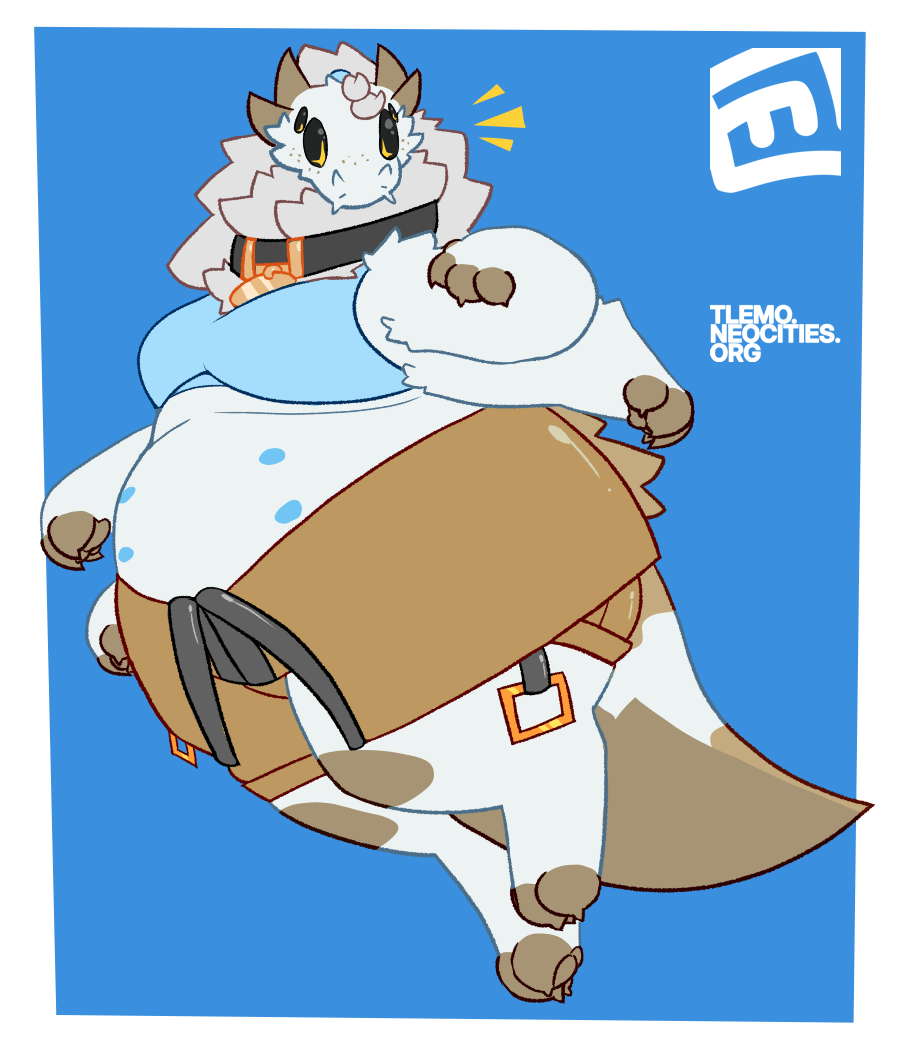 Drawing of Becquerel, a moth, turned into a Thanun, a species of furry aliens. She's surprised and delighted by her new body.